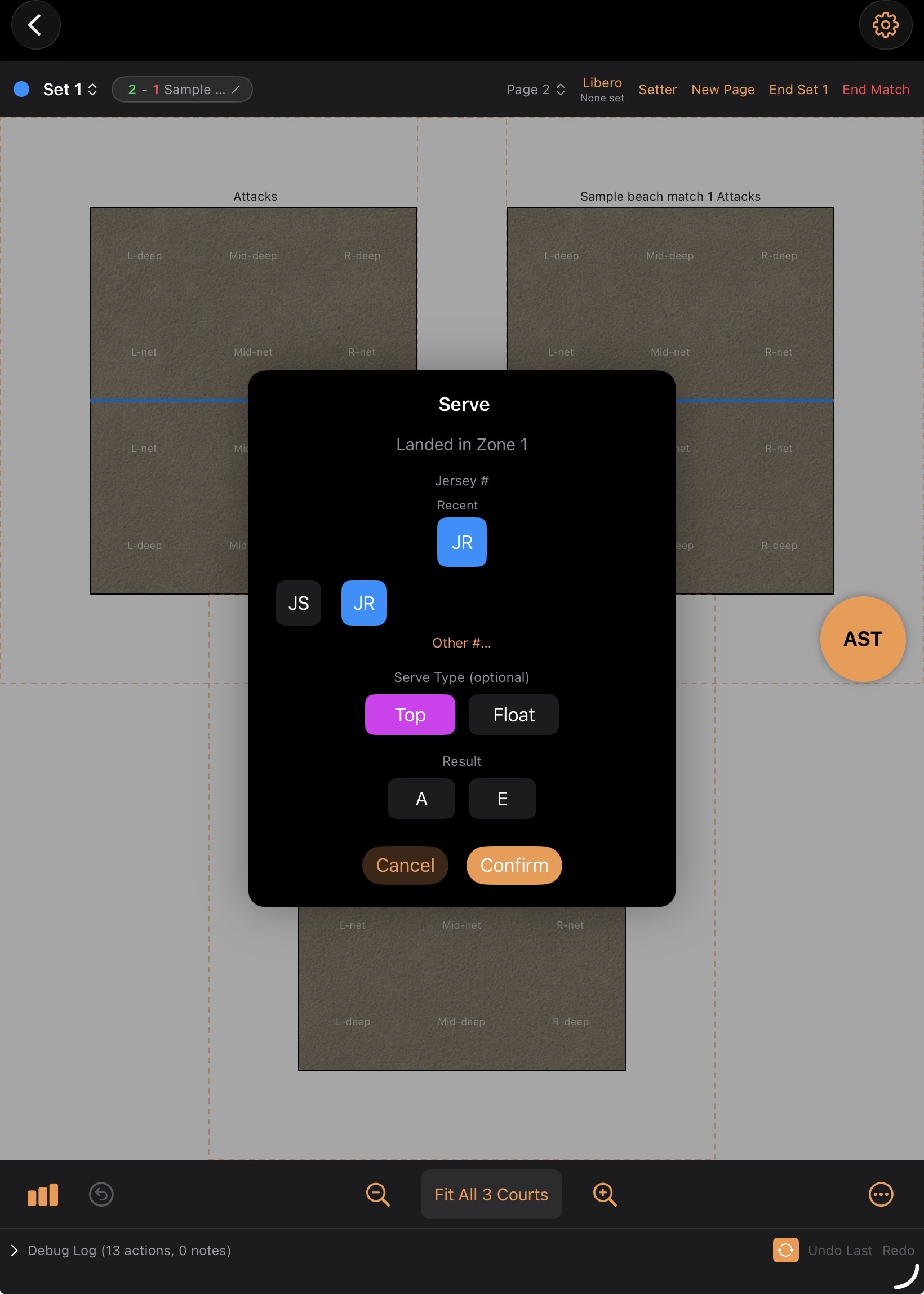 CourtPage™ beach serve tag popup showing our roster's initials as quick-select options instead of jersey numbers.