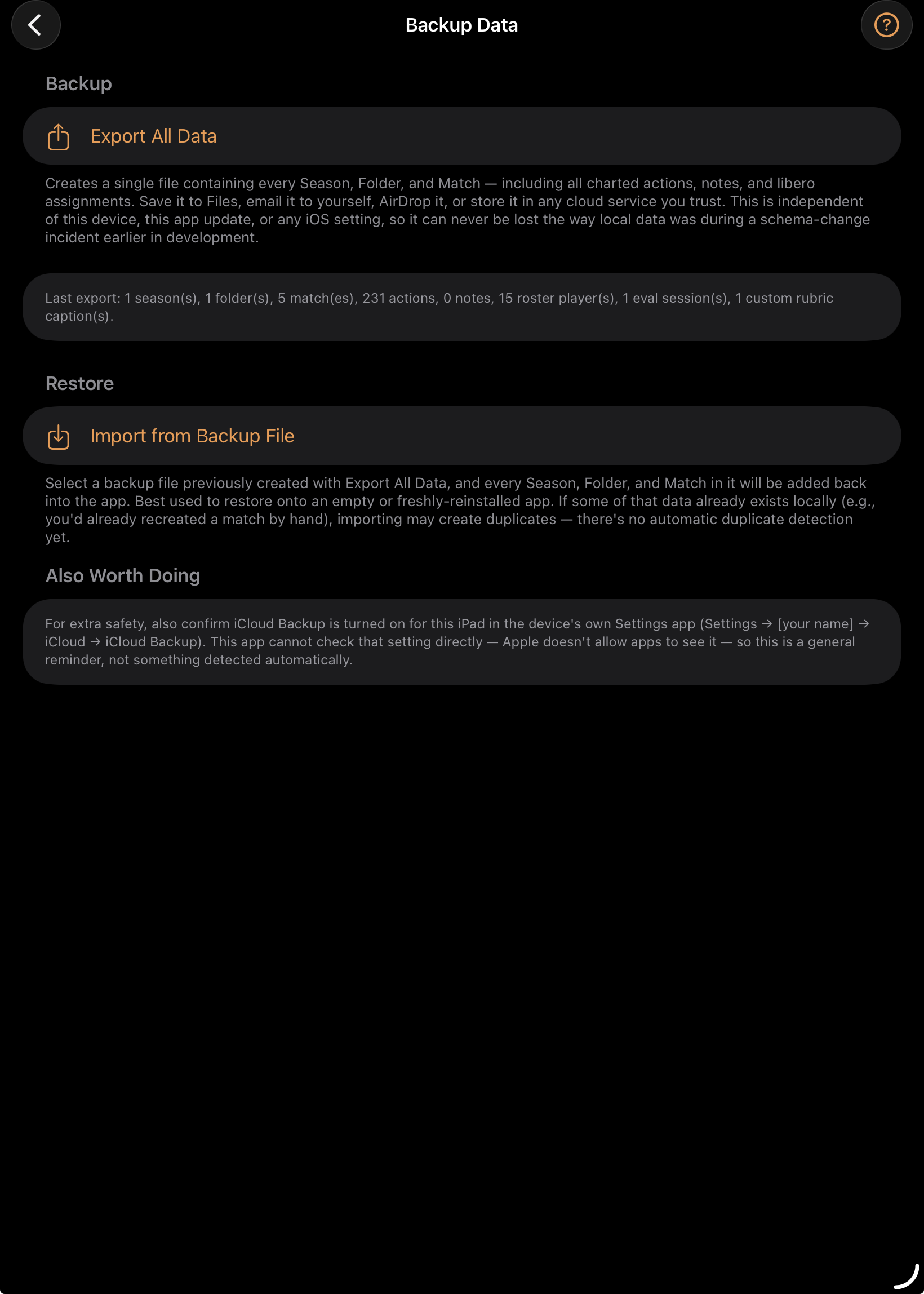 CourtPage™ Backup Data screen showing Export All Data and Import from Backup File options.