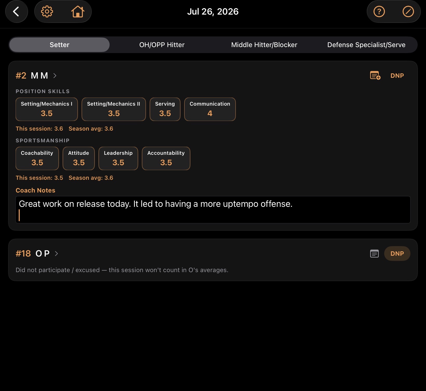 CourtPage™ Player Growth card with an open Coach Notes field, autosaving as the coach types.