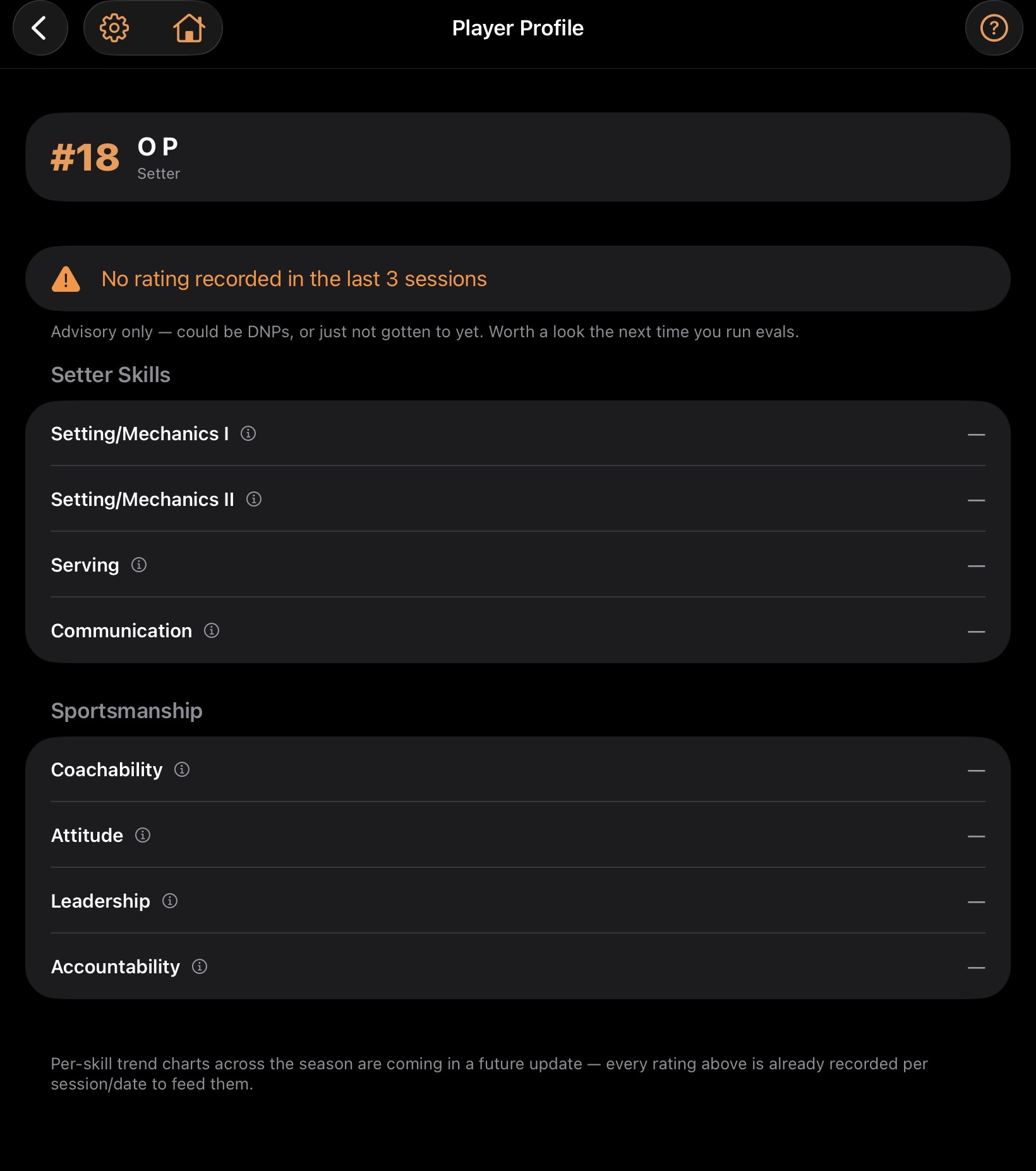 CourtPage™ Player Profile screen showing an orange coverage-gap warning: no rating recorded in the last 3 sessions.