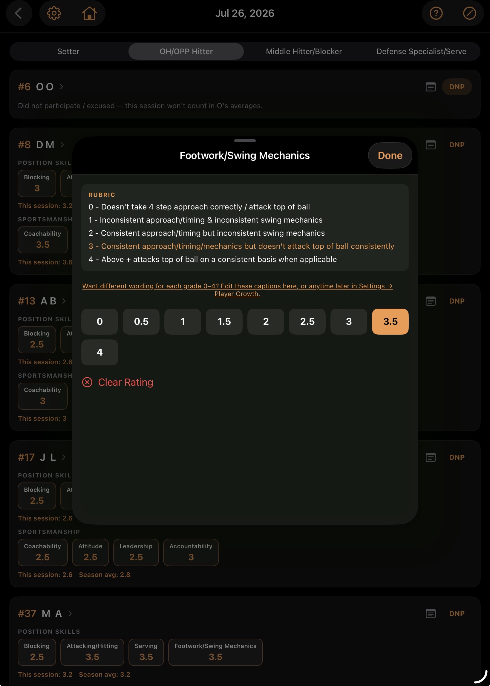 CourtPage™ Player Growth rating picker for Footwork/Swing Mechanics, showing the full 0-4 rubric text with the matching grade highlighted.
