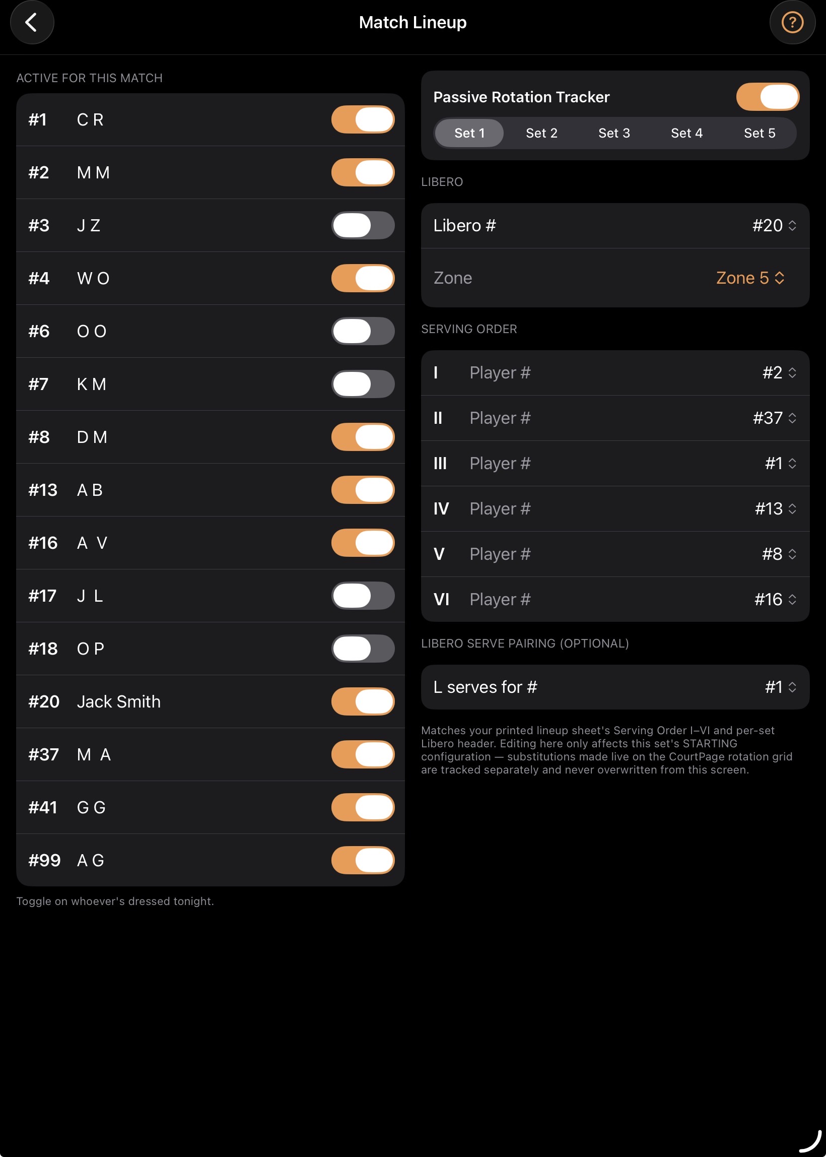 CourtPage™ Match Lineup screen showing active roster toggles, serving order, and libero assignment.